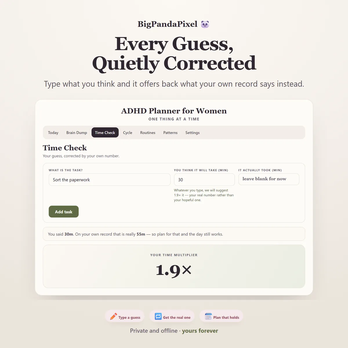 An estimate field showing a typed guess alongside the corrected figure based on the user's own multiplier.