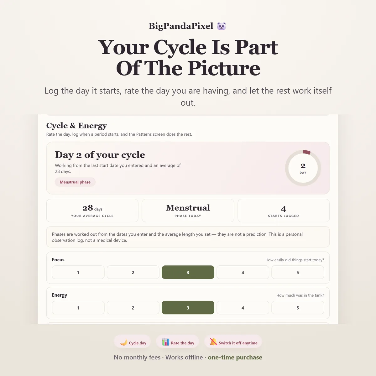 The Cycle and Energy screen showing today's cycle day and phase with focus, energy and overwhelm ratings.