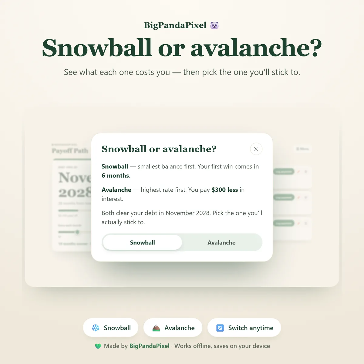 Snowball and avalanche strategies compared side by side with first-win dates and total interest.