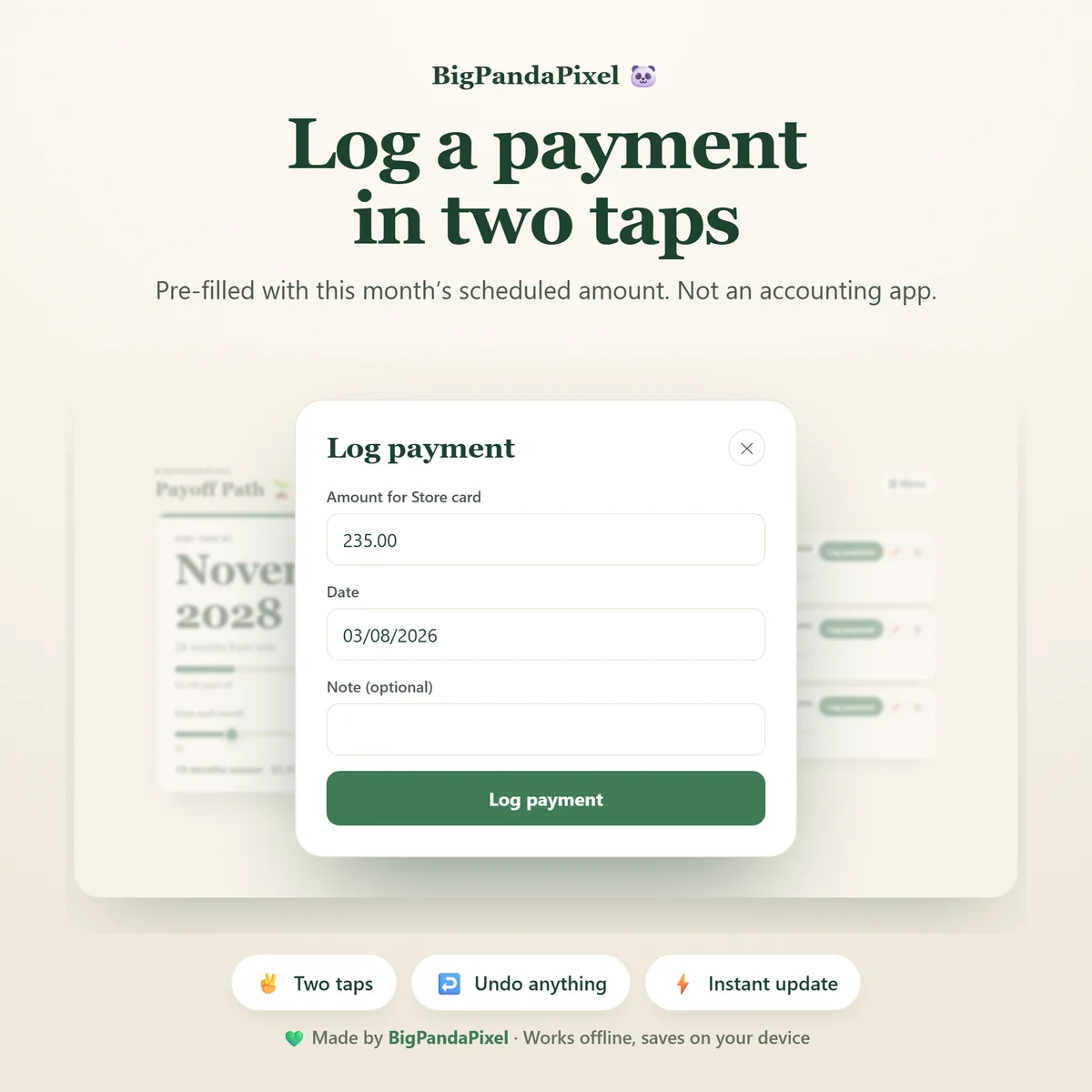 The payment logger pre-filled with this month's scheduled amount.